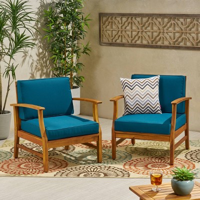 Perla Blue Acacia Wood Club Chairs with Cushions, Set of 2
