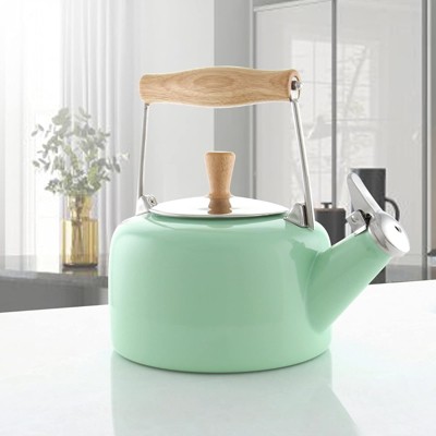 Mint Green Enamel and Wood Whistling Teakettle, 1.4-Quart