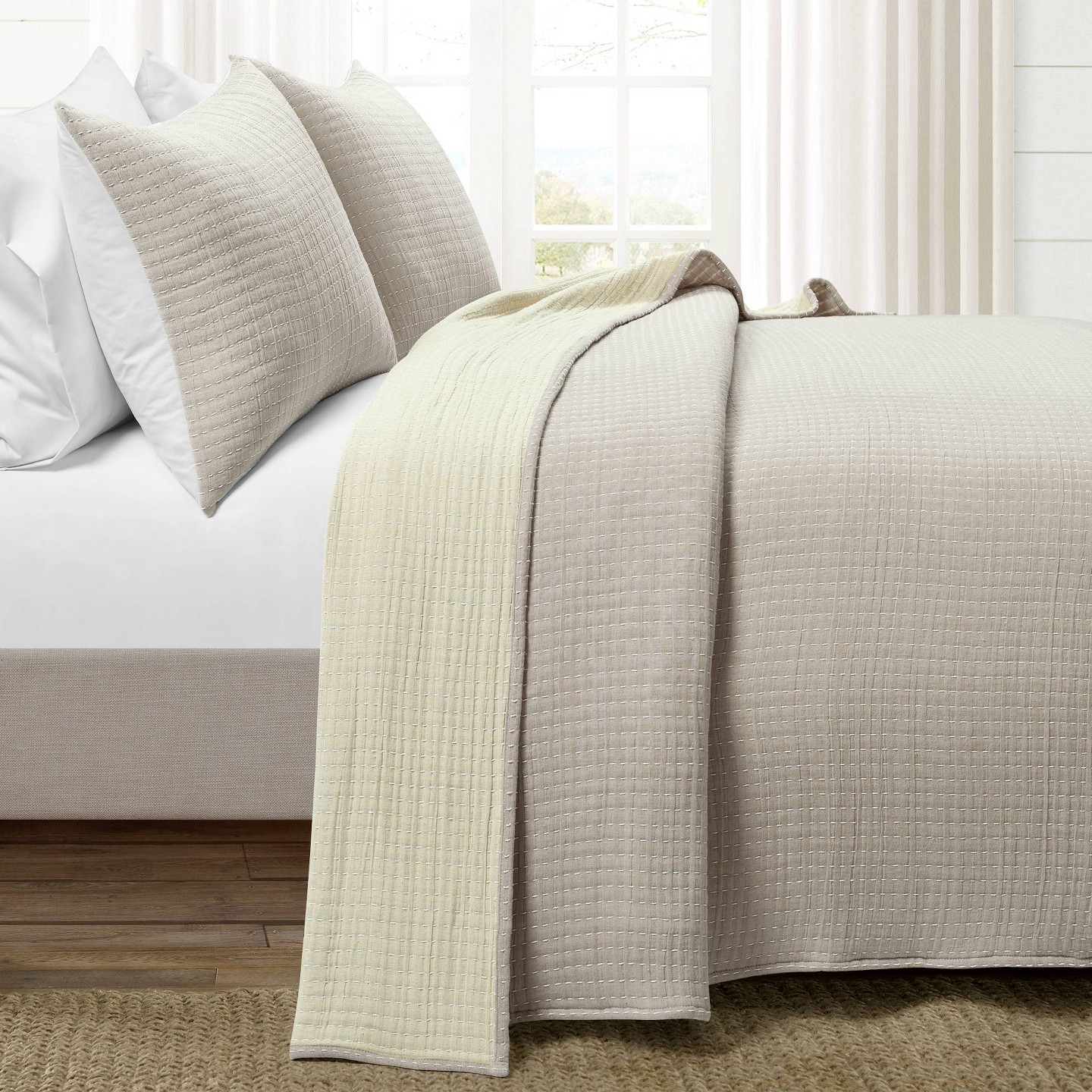 Постельное бельё Lush Decor 3pc King Pickstitch Quilt/Coverlet Neutral/Off White - Lush Décor: Bedding Set with Shams, Oeko-Tex Certified, цвет: Белый — фото 2