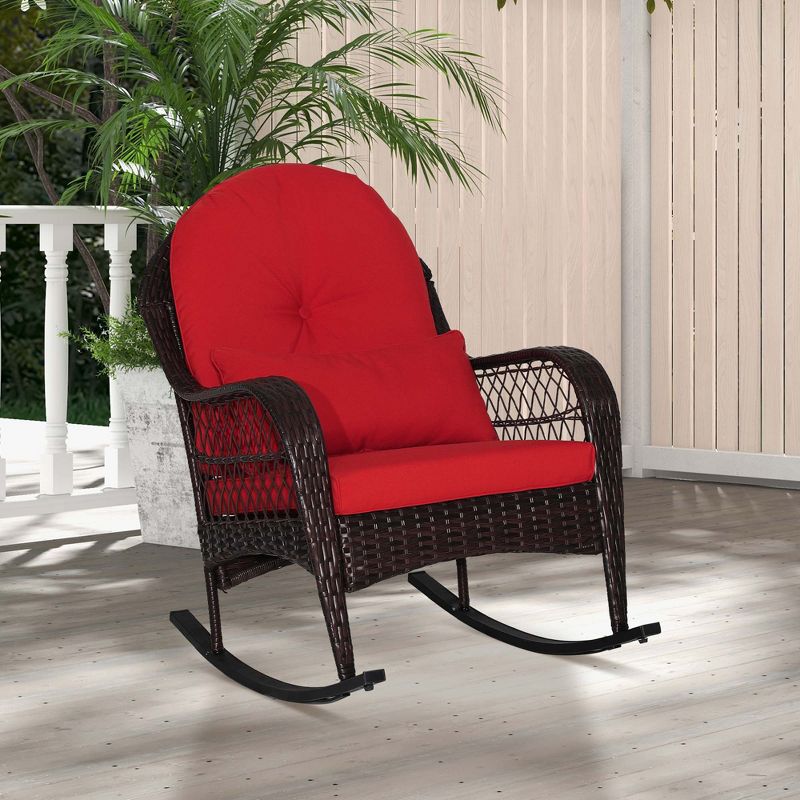 Costway Patio Wicker Rocking Chair W/Seat Back Cushions & Lumbar Pillow Porch Off, 2 of 10