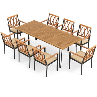Tangkula 9 PCS Patio Dining Set w/ 8 Chairs Acacia Wood Table Top Umbrella Hole for Yard