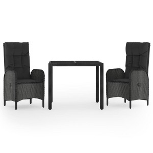 vidaXL 3-Piece Black Poly Rattan Patio Dining Set with Reclining Garden Chairs and Tempered Glass Table with Cushions for Outdoor/Garden/Patio - 1 of 4