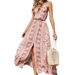 Anna-Kaci Women's Floral Print Maxi Dress with Sleeveless Bodice and Front Slit Detail - 1 of 4