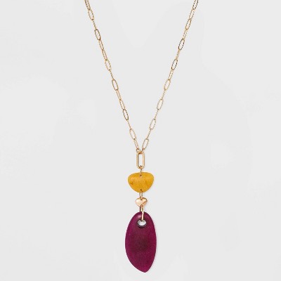 Semi-Precious Dyed Quartz and Honey Topaz Worn Gold Link Pendant Necklace - Universal Thread™ Fuchsia