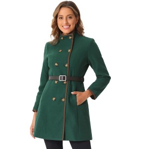 Allegra K Women's Stand Collar Slant Pockets Winter Belted Long Overcoat - 1 of 4
