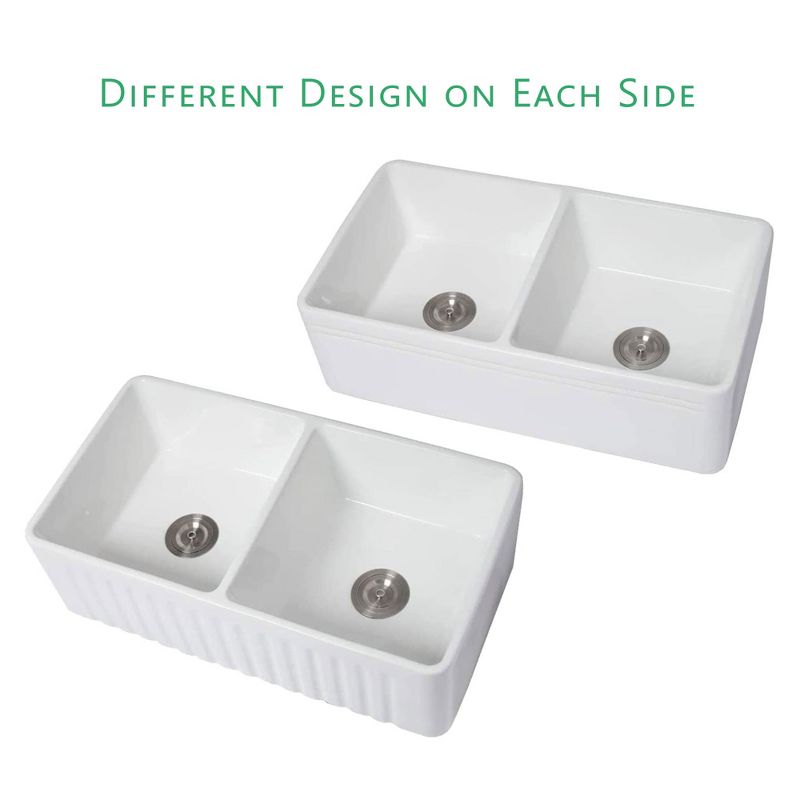Sarlai Farmhouse 33 Inch Reversible Fireclay Ceramic Double Bowl Apron Front Kitchen Sink with 2 Drain Assemblies and 2 Rinse Grates, White, 3 of 7