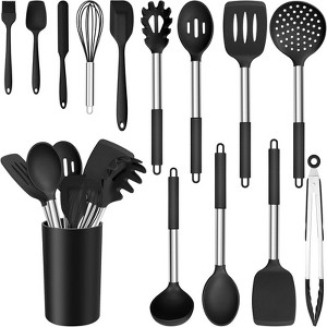 BRINJOY 14-Piece Silicone Cookware Set - Heat-Resistant and Scratch-Resistant Cooking Tools with Stand, Black - 1 of 4