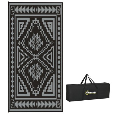 Outsunny Outdoor Patio Rug, Large Camping Carpet with Carrying Bag, 9' x 18' Waterproof Plastic Straw, Reversible, Square Patchwork