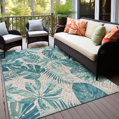 Blue Floral Synthetic Rectangular 5' x 7' Washable Rug