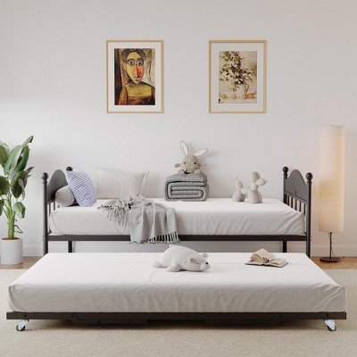 Daybed with Trundle, Metal Twin Size Day Bed with Stylish Headboard, Sofa Bed Frame with Pop Up Foldable Trundle Bed