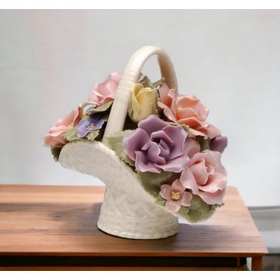 Handcrafted Ceramic Floral Basket Figurine with Pastel Roses