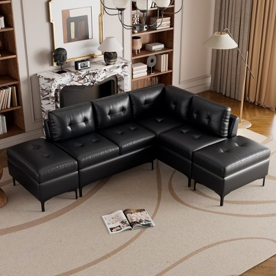 94.88" L-Shaped Corner Sofa Pu Leather Sectional Sofa Couch with Movable Storage Ottomans for Living Room, Blue