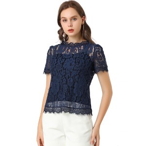 Allegra K Women's Lace Floral Scalloped Trim Short Sleeve Semi Sheer Top - 1 of 4