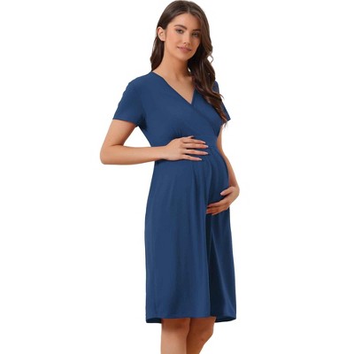Image of cheibear Womens Tie Back Casual V-Neck Maternity Short Sleeve Lounge Dress Blue Small