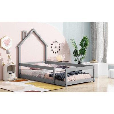 NicBex Twin Size Wood Montessori Bed with House-Shaped Headboard,Floor Bed with Fences,Modern Toddler Bed for Bedroom,Grey