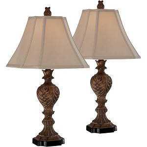 Regency Hill Regio Traditional Table Lamps 25 1/2" High Set of 2 Carved Brown Leaf Tan Sheer Fabric Square Bell Shade for Bedroom Living Room Bedside - 1 of 4