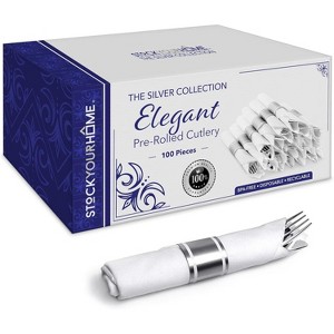 Stock Your Home Pre Rolled Disposable Silverware Sets for Parties, Silver (100 Pack) - 1 of 4