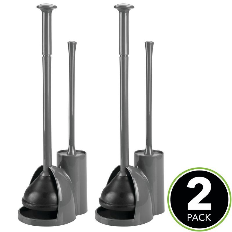 mDesign Compact Plastic Toilet Bowl Brush and Plunger Combo, 2 Pack, 2 of 9