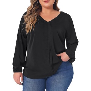 Agnes Orinda Women's Plus Size Work Dressy Casual Pleated V Neck Long Sleeve Blouses - 1 of 4