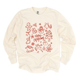 Merry Christmas Sketched Icons - Women's Garment Dyed Long Sleeve Graphic T-Shirt - 1 of 4