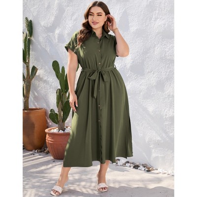 Plus Size Shirt Dress Women Summer Short Sleeve Maxi Dress with Belt Side Slit