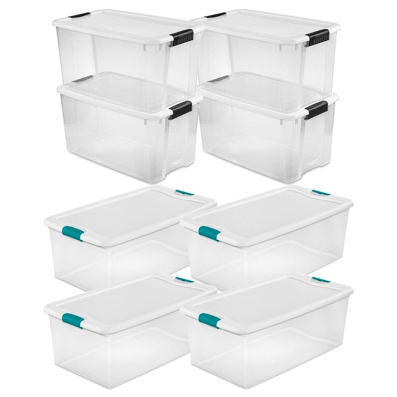 Sterilite Storage System Solution with 106 Quart Clear Latching Storage Tote, 4 Pack and 66 Quart Plastic Stackable Storage Tote, 4 Pack, 1 of 7
