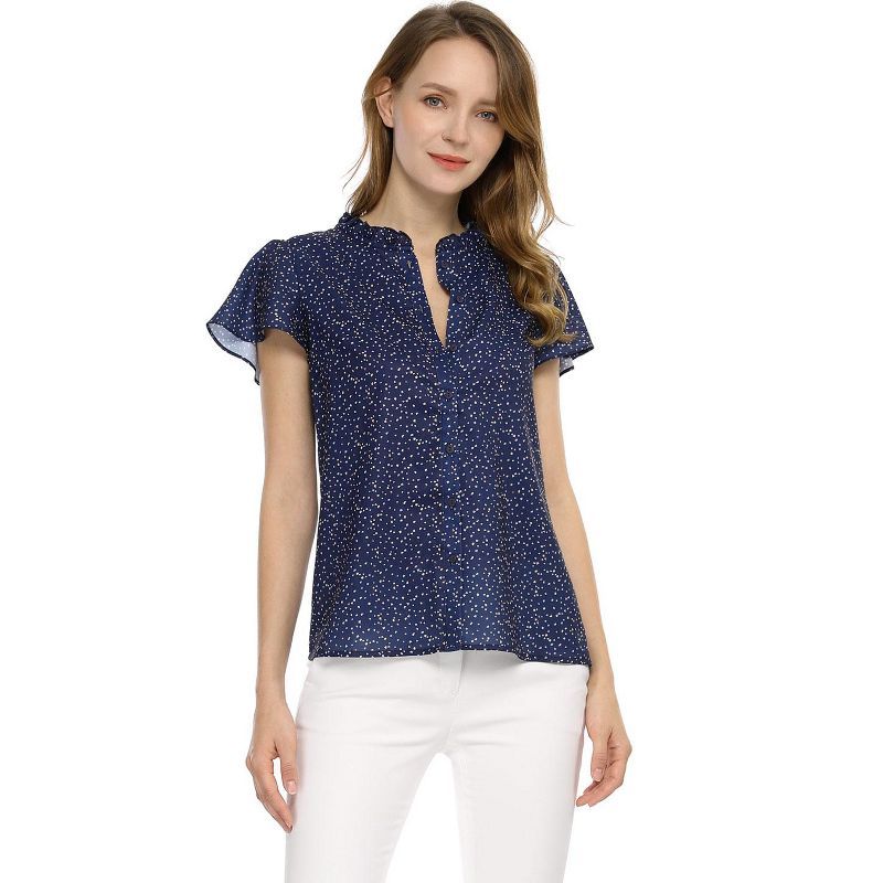 Allegra K Women's Dots Print Ruffle Short Sleeve Button Up Shirts, 5 of 8
