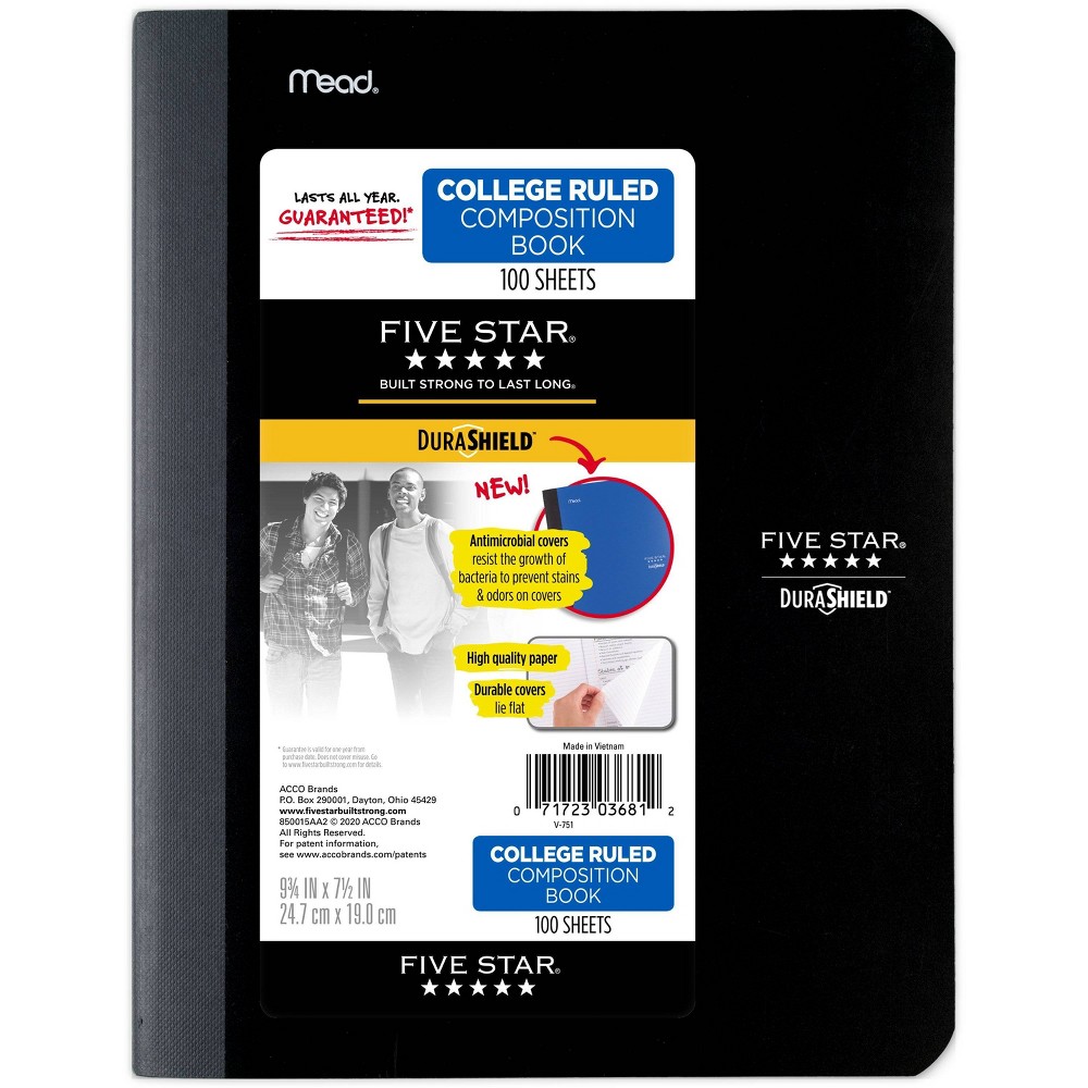 Five Star 100 Sheets College Ruled Anti-Microbial Composition Book, Black, 5-Pack