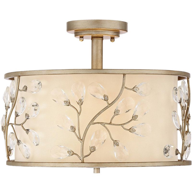 Barnes and Ivy Crystal Buds Vintage Ceiling Light Semi Flush Mount Fixture 16" Wide Antique Silver 3-Light Beige Fabric Drum Shade for Bedroom Kitchen, 3 of 7