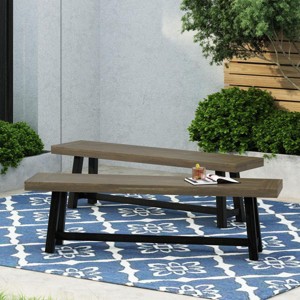 63" Rustic Outdoor Dining Bench with Slatted Acacia Wood Top and Square Legs for Patio Seating -3irtyhousy - 1 of 4