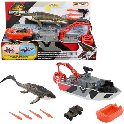 Matchbox Jurassic World Dino Boat Playset - 12.5" Boat with Mosasaurus, Die-Cast Jeep & Accessories