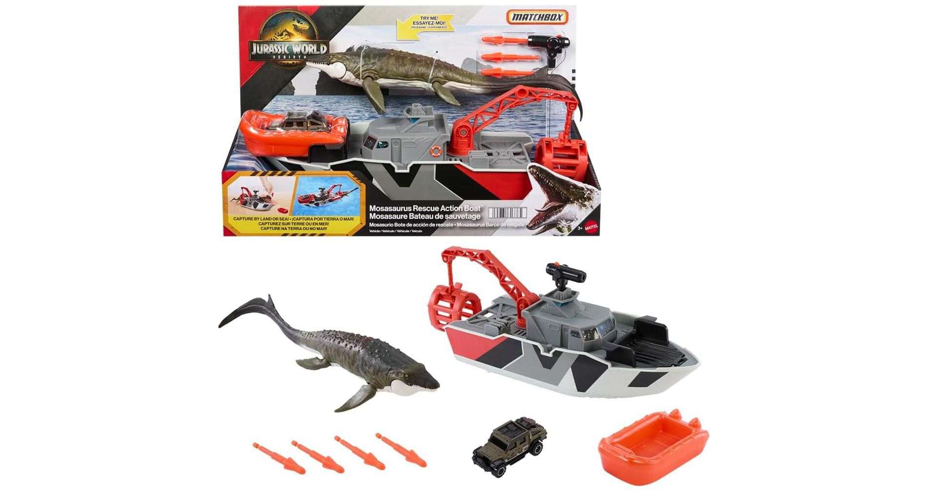 Matchbox Jurassic World Dino Boat Playset - 12.5" Boat with Mosasaurus, Die-Cast Jeep & Accessories