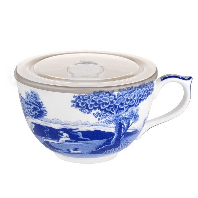 Spode Blue Italian 20oz Porcelain Jumbo Mug with Lid – Scenic Patterned Drinkware with Decorative Border - Portable Ceramic Coffee Cup