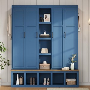 4-in-1 Hall Tree Entryway Bench Storage Bench Mudroom Coat Rack with Hooks, Storage Cabinet & Shelves, White/Black/Blue-ModernLuxe - 1 of 4