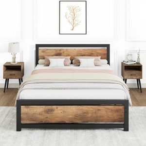 Bed Frame, Industrial Full Bed Platform Frame with Heavy Duty Steel Slat, No Box Spring Needed Easy to Assemble, Rustic Brown - 1 of 4