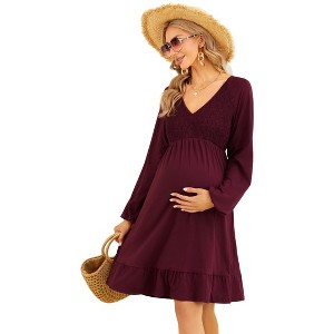 Maternity Women Long Sleeve Smocked V Neck Dress Fall Casual Boho Mini Dress for Baby Shower Photoshoot - 1 of 4