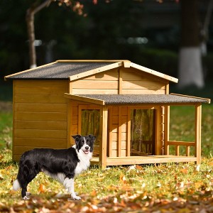 PexFix 47.2" Large Wooden Dog House With Porch Solid Wood Outdoor & Indoor Dog Crate Cabin Style 2 Doors Brown - 1 of 4