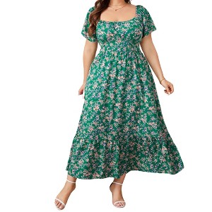 Square Neck Puff Sleeve Midi Dress with Floral Print – Shirred Waist & Side  Pockets for Casual Spring Summer Style Green 2X : Target