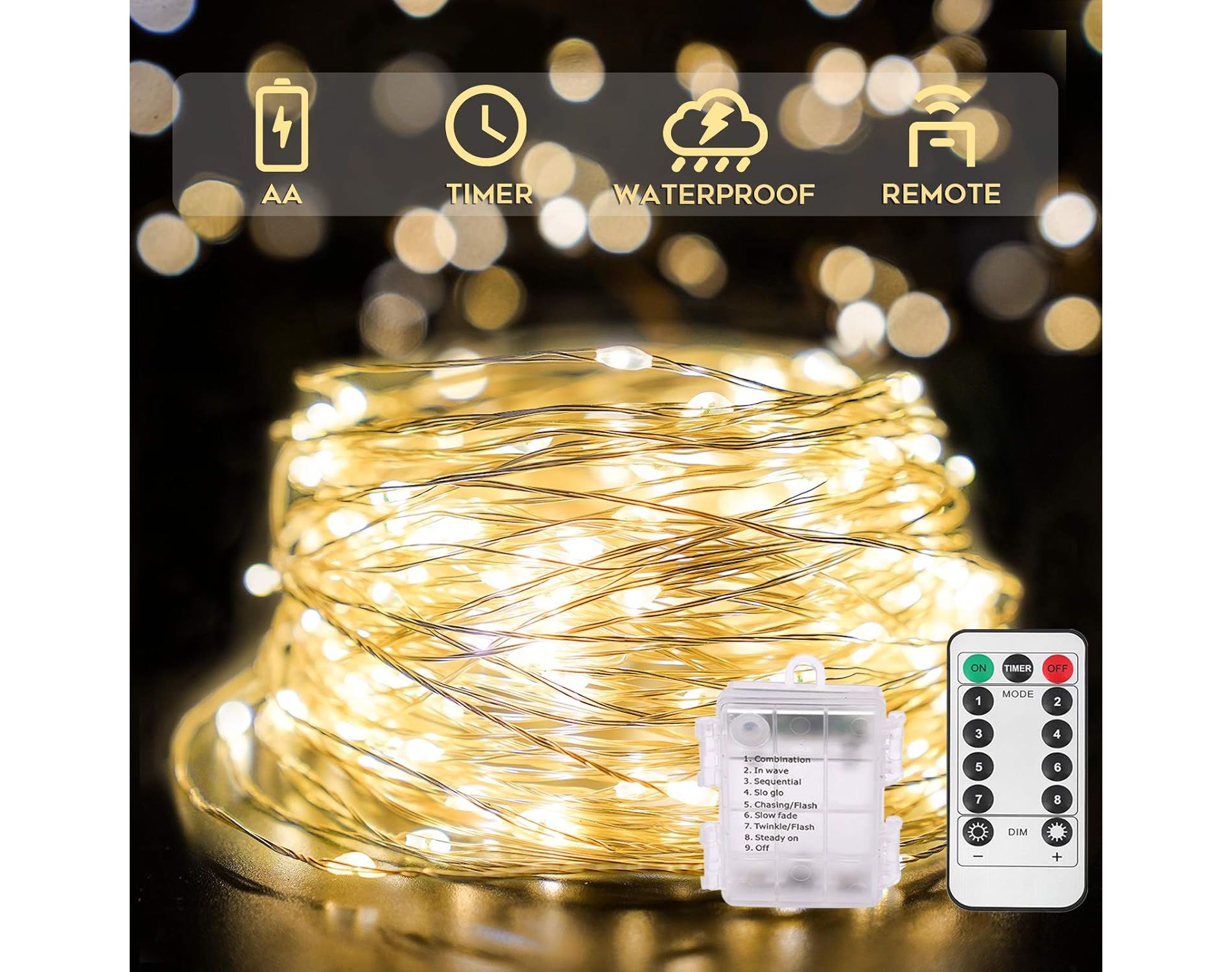 FAAYFIAN Battery Operated Fairy Lights With Timer, Waterproof Copper Wire Warm White String Lights for Bedroom, Party and Wedding D¨¦cor