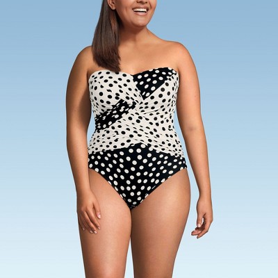 Lands' End Women's Slender Suit Shine Bandeau Tummy Control Chlorine Resistant High Leg One Piece Swimsuit