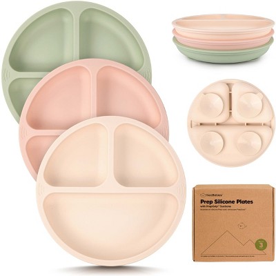 3-Pack Prep Suction Plates for Baby, 100% Silicone Toddler Plates, BPA-Free Divided Baby Plates with Suction