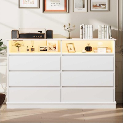 Jojoka Dresser for Bedroom with 6 Drawers, Modern Chest Featuring LED Lights and Charging Station
