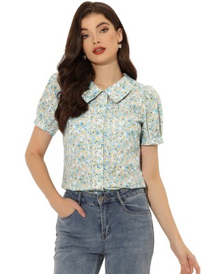 INSPIRE CHIC Women's Puff Short Sleeves Point Collar Button Down Floral Shirts
