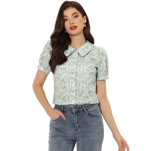 INSPIRE CHIC Women's Puff Short Sleeves Point Collar Button Down Floral Shirts - 1 of 4