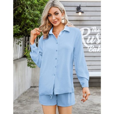 Women's  2 Piece sets  Button Down Shirt Long Sleeve Short Drawstring  Outfits