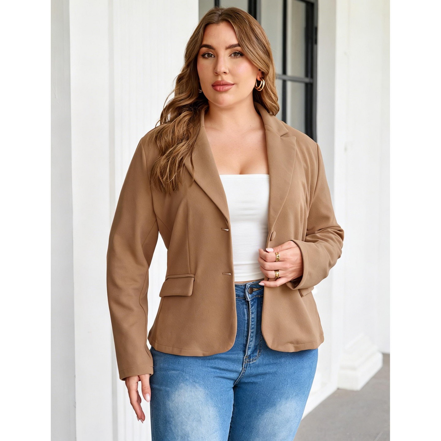 Женский пиджак YesFashion Plus Size Short Blazer with Pocket, Lapel Two Button Long Sleeve Casual Suit Jacket, Office Business Relaxed Outerwear Khaki, цвет: Хаки — фото 2