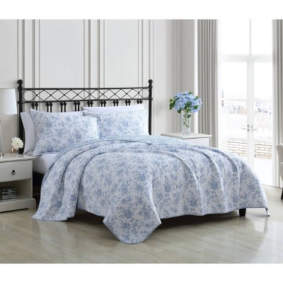 Blue and White Cotton Reversible Floral Quilt Set