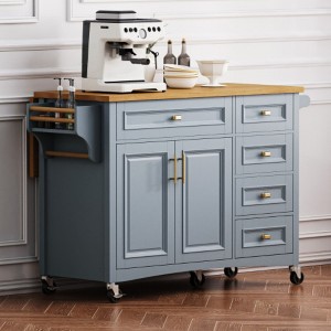 52" Kitchen Island with Drop Leaf & Embossed Texture, Rolling Cart with Spice/Towel Racks, 2 Doors, 5 Drawers, Adjustable Shelf - 1 of 3