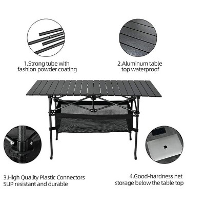 Portable Black Aluminum Folding Camping Table with Mesh Storage