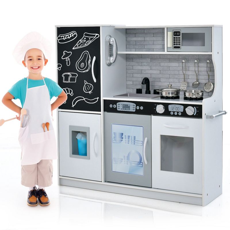 Costway Kid's Pretend Play Kitchen Toddler Kitchen Playset with Blackboard Pink/White, 1 of 11